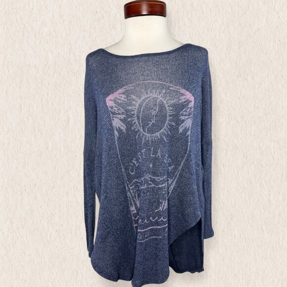 Hollister Sheer Knit Oversized Sweater XS/S Navy Blue Boho Moon Graphic Coastal - Picture 1 of 8